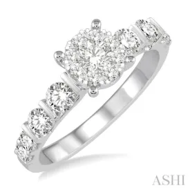 1 Ctw Round Cut Diamond Lovebright Engagement Ring in 14K White Gold