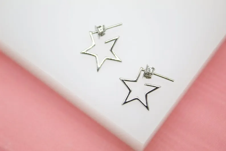 18K Rhodium Filled Open Star Hoop Modern Minimalist Stud Earrings