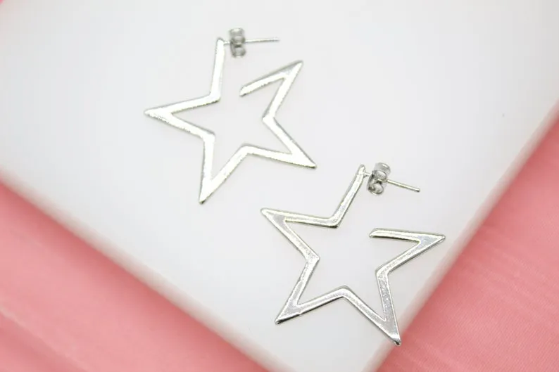 18K Rhodium Filled Open Star Hoop Modern Minimalist Stud Earrings