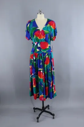 1980s Vintage Floral Print Day Dress