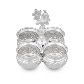 4 Cups Chomukha With Annam Handle - 6 x 5 Inches | German Silver Panchwala/ Kumkum Holder for Pooja/ 375 Gms