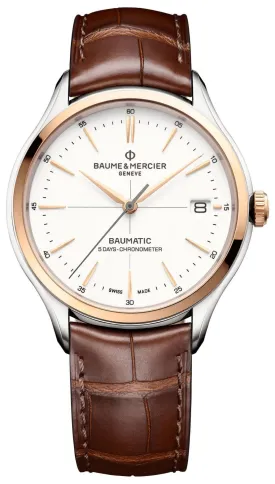 Baume & Mercier Clifton Baumatic COSC Automatic Stainless Steel & Rose Gold White Dial Brown Leather Strap Date Mens Watch M0A10519