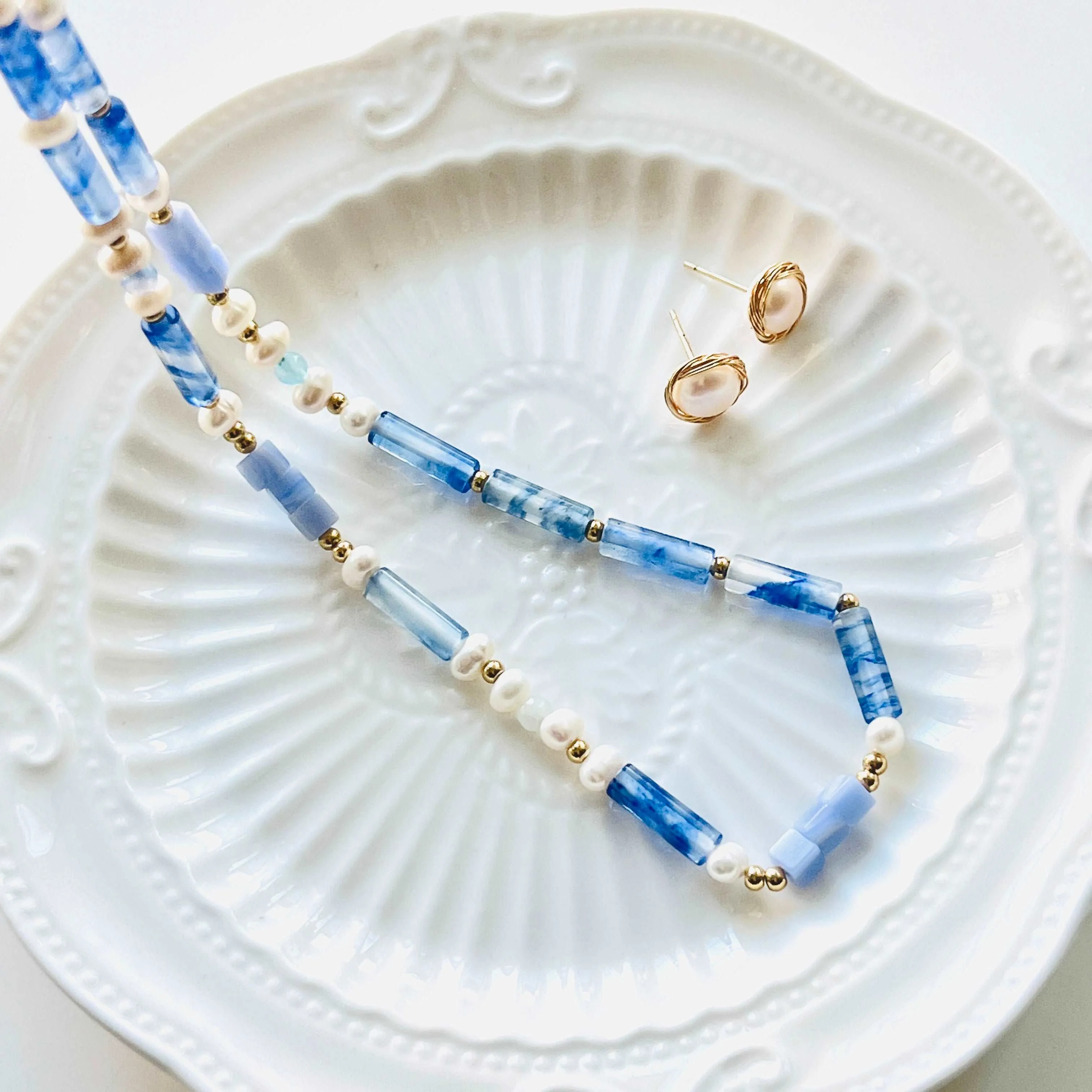 Blue Chalcedony and Freshwater Pearl Beaded Necklace