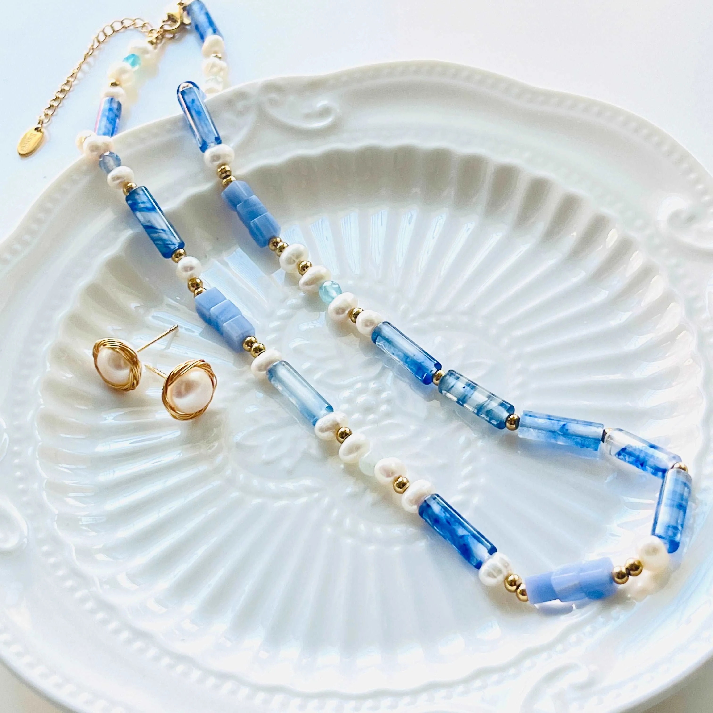 Blue Chalcedony and Freshwater Pearl Beaded Necklace