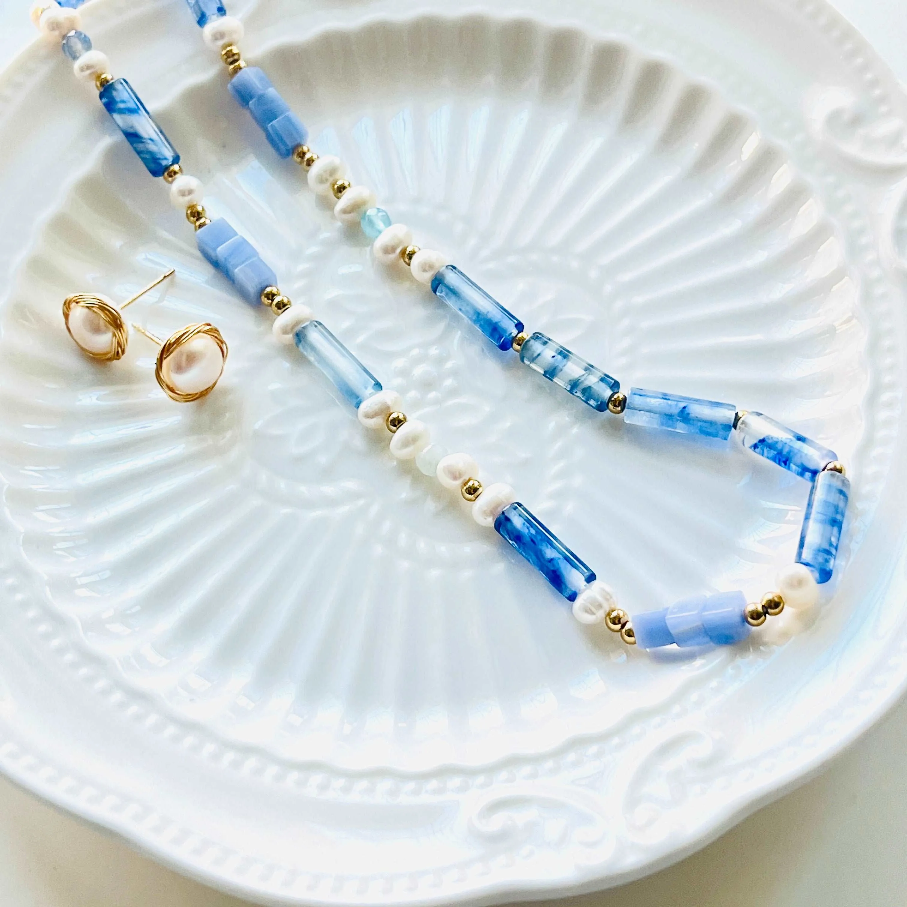 Blue Chalcedony and Freshwater Pearl Beaded Necklace