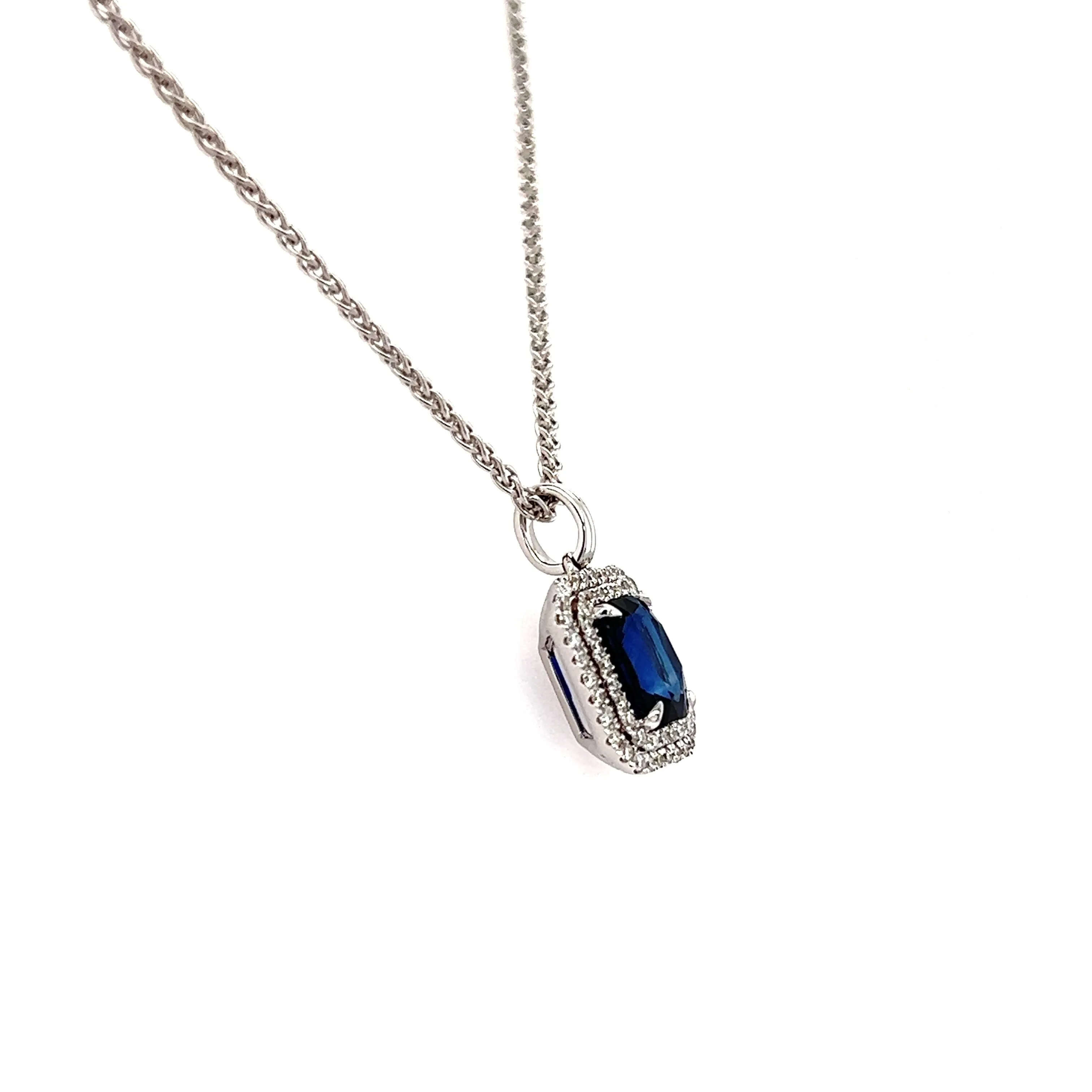 Cushion Sapphire Pendant with Double Diamond Halo in 18K White Gold