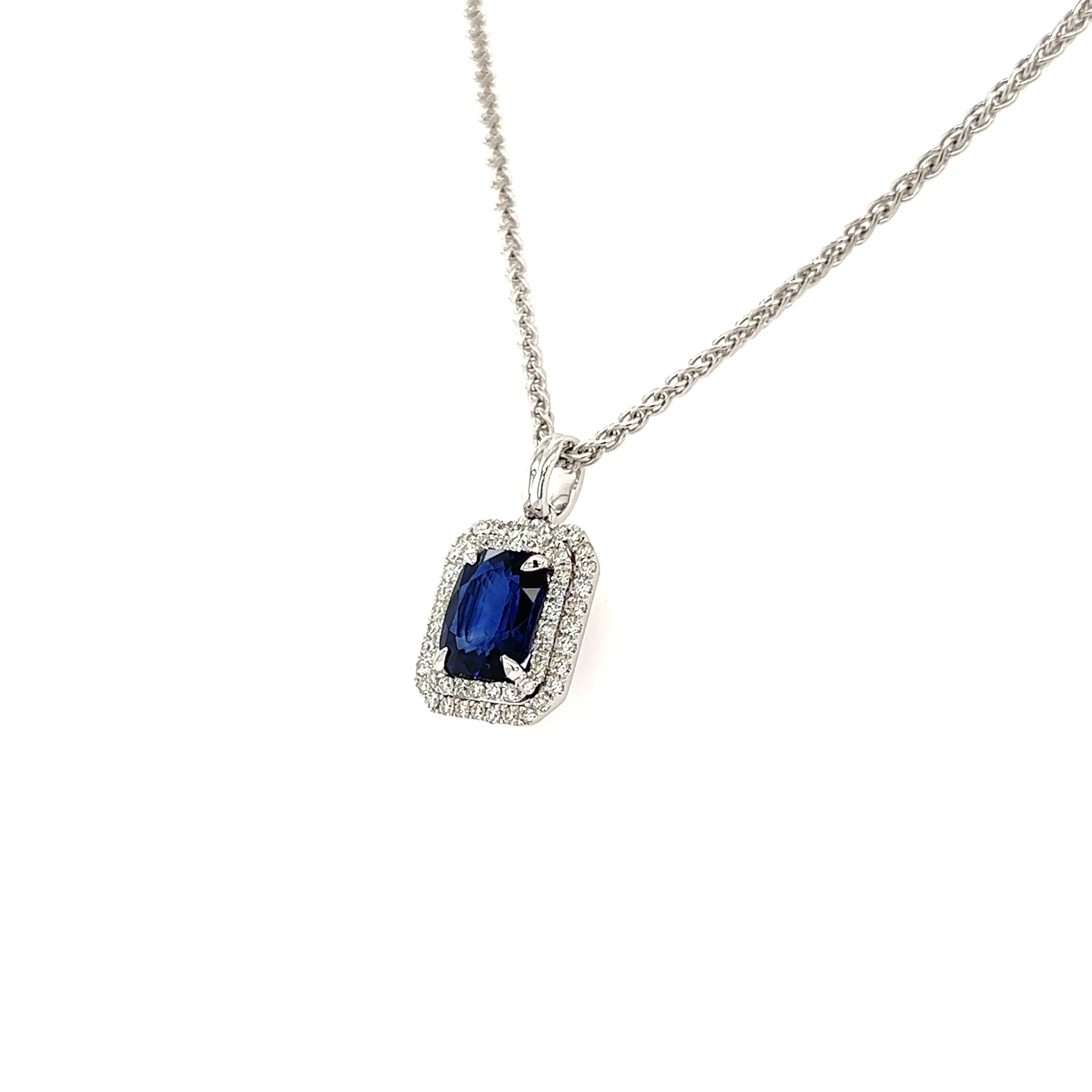 Cushion Sapphire Pendant with Double Diamond Halo in 18K White Gold