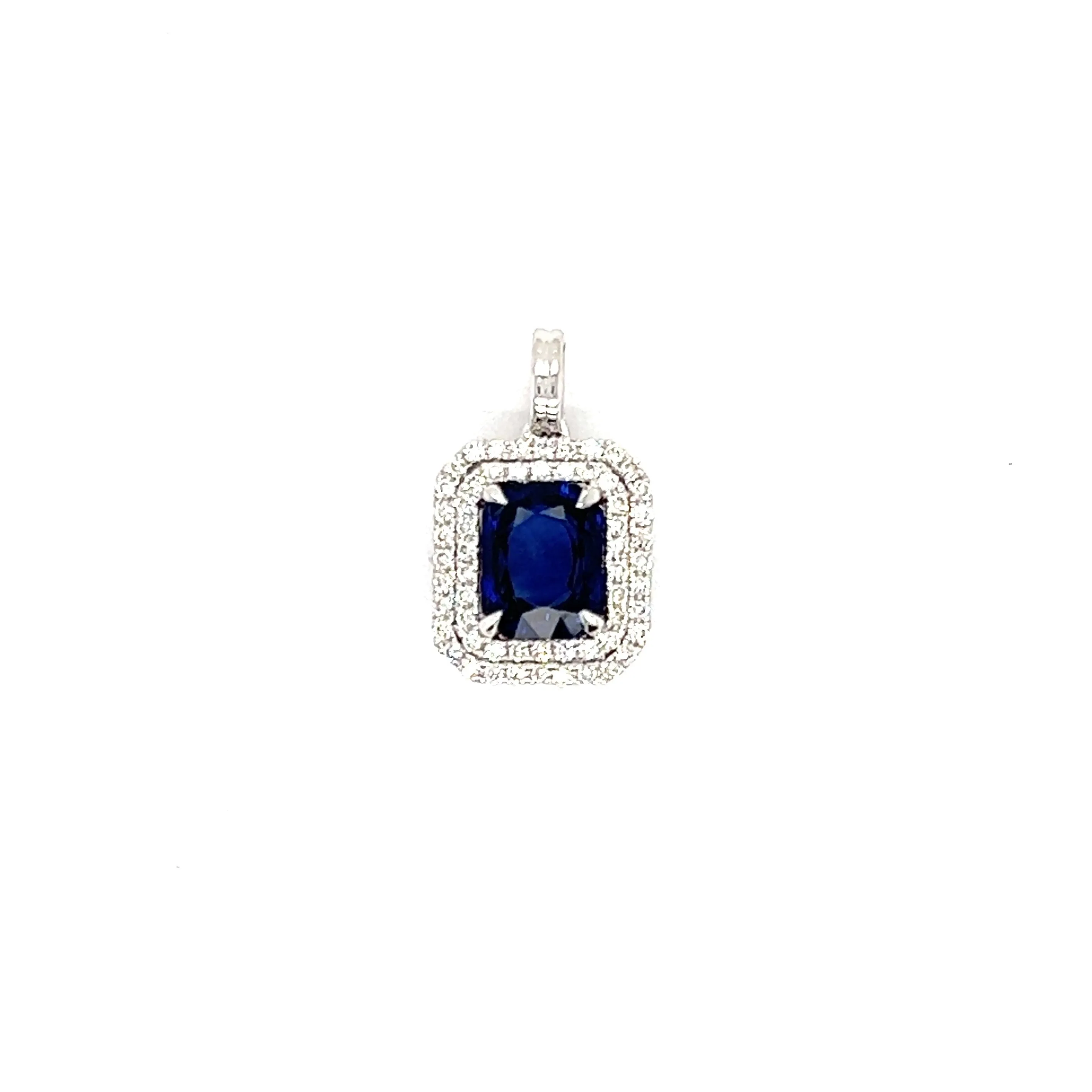 Cushion Sapphire Pendant with Double Diamond Halo in 18K White Gold