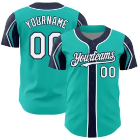 Custom Aqua White-Navy 3 Colors Arm Shapes Authentic Baseball Jersey