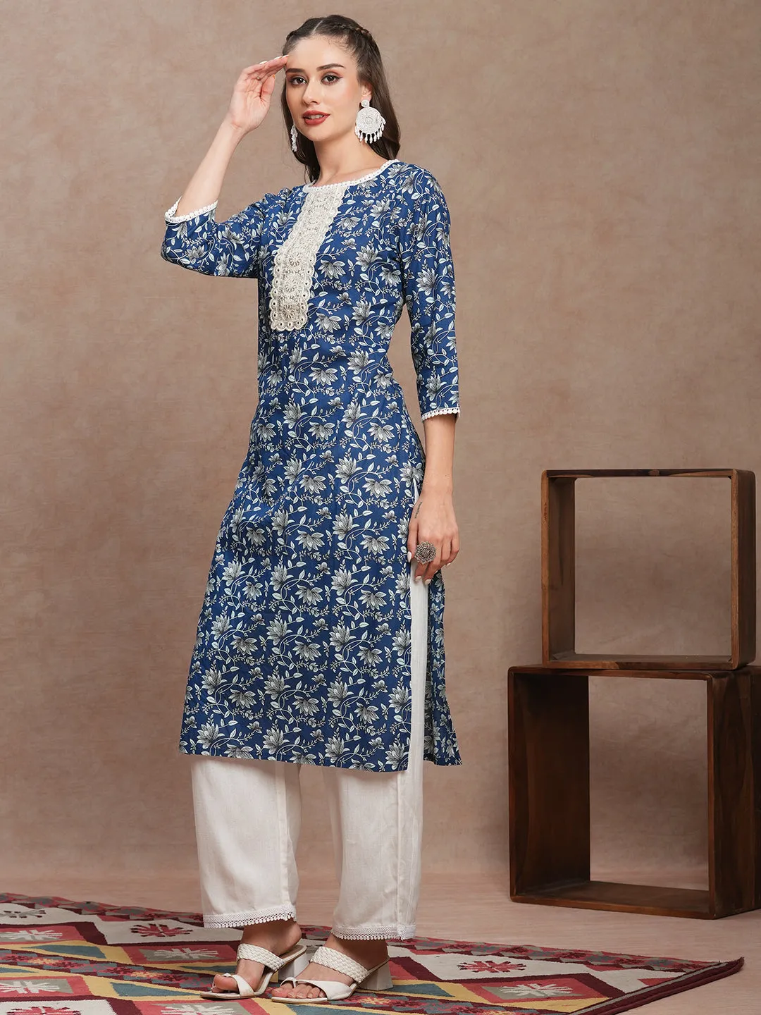 Ethnic Floral Printed & Embroidered Straight Fit Kurta - Blue