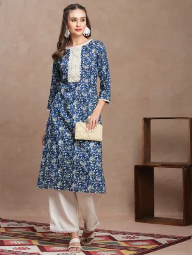 Ethnic Floral Printed & Embroidered Straight Fit Kurta - Blue