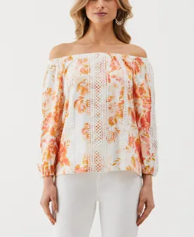 Floral Print Lace Trim Off the Shoulder Top