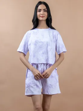 Lilac Color Tie-Dye Cotton T-Shirt and Shorts Set For Women