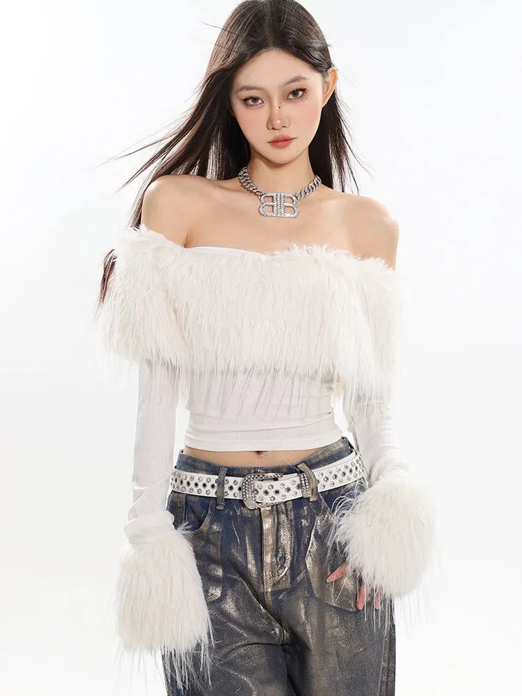 Off-Shoulder Faux Feather Fringe Knit Top